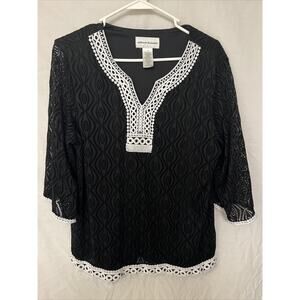 ALFRED DUNNER Black/White Solid Black Diamond Print W/Open Knit Sleeves Medium